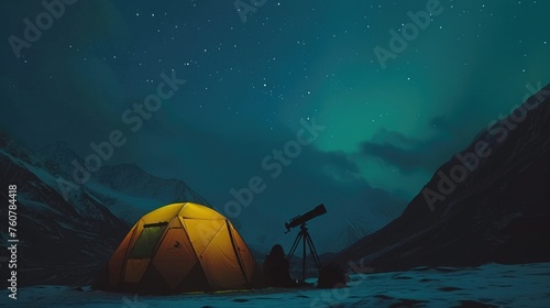 A glowing tent and telescope stand poised against the twilight hues of an alpine backdrop, as a stargazer surrenders to the enchantment of a starry night sky, alpine astronomer's retreat, astrotourism