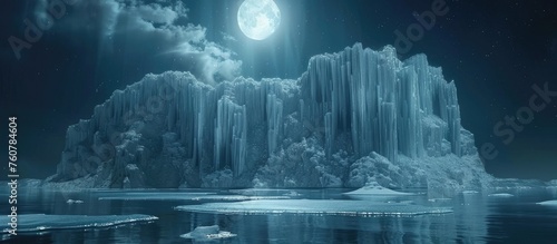 Moonlit Ice Palace Reflection in Tranquil Fantasy Ocean