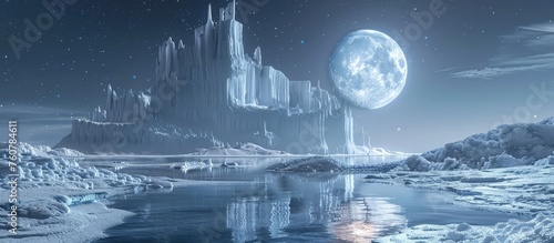 Ice Palace Basks in the Moonlight's Glow: A Captivating Reflection on Surrounding Ice in the Night Sky © Sittichok
