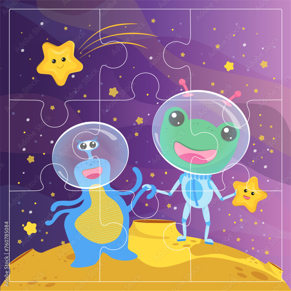 Funny frog astronaut and alien, stars and planets. Educational game for children. Puzzles. Cartoon vector illustration