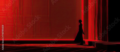 Minimalist Stage Design with Red Lighting Showcasing a Female Model in a Monochrome