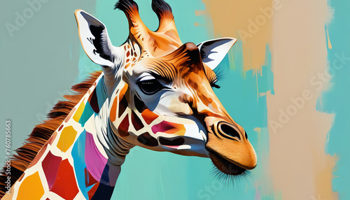 Giraffe on a colorful splattering background. Artistic rendition. Generative AI.  