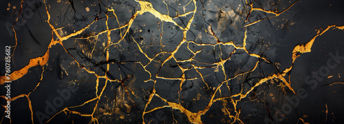 Black marble surface with gold kintsugi pattern,  Kintsukuroi japanese traditional Kintsugi background  photo