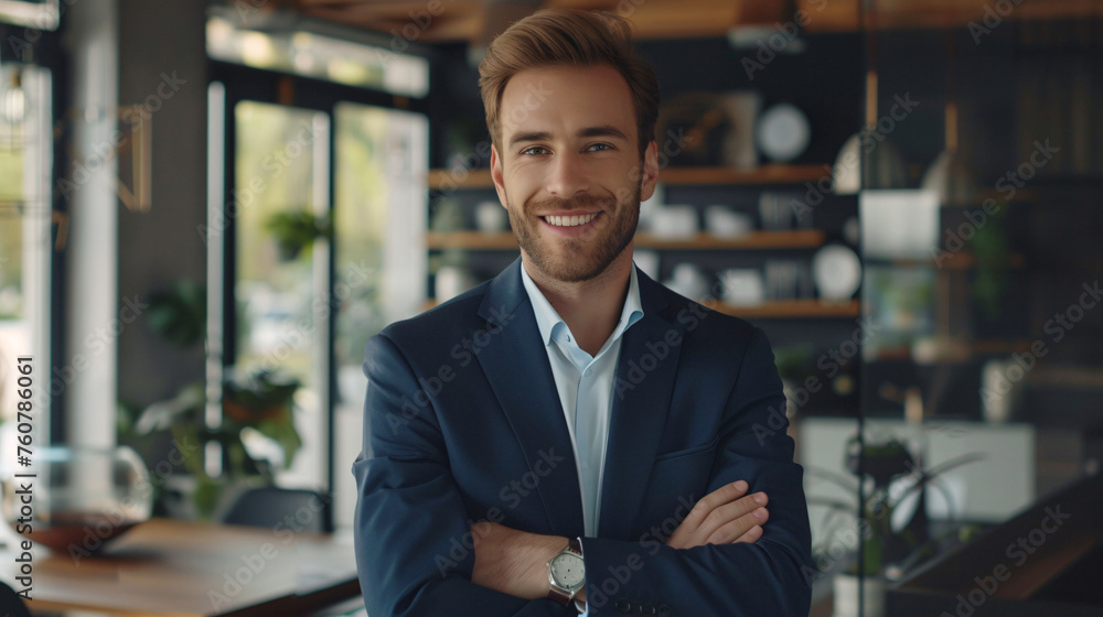 Fototapeta premium Smiling Confident Businessman in Modern Office Setting. Elegant stylish corporate leader successful ceo executive manager.