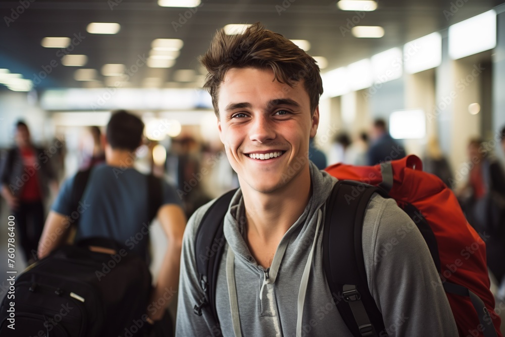 Fototapeta premium close up of a young man traveler smiling at the airport 