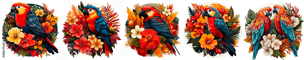 Fototapeta premium Vibrant Parrot Birds with Leaves and Flowers Isolated Template Digital Render