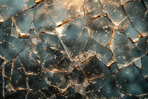 Transparent long ago broken glass over a blue textured surface abstract background photo