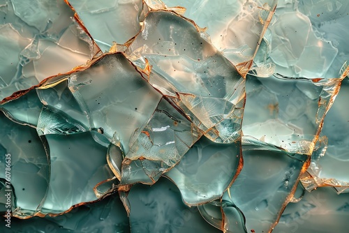 Transparent long ago broken glass over a light blue textured surface abstract background