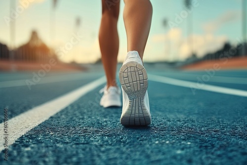 Closeup of female athletic legs in white sneakers running along the blue track of the stadium in the morning
