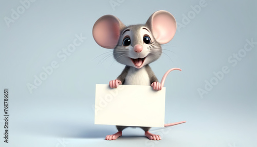 Cheerful mouse holding a white banner for later text insertion. On a gray background. Generative AI.