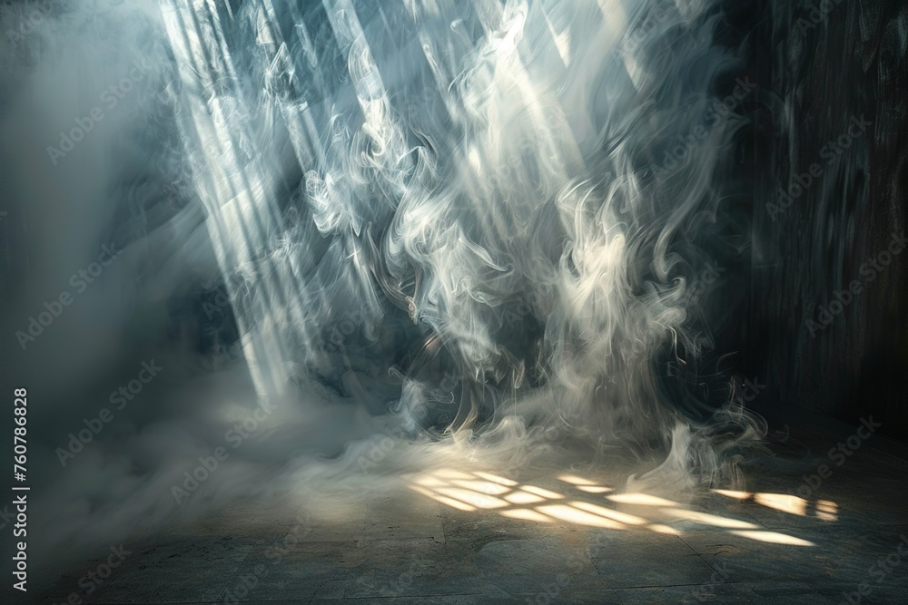 Abandoned dark room with stone floor full of smoke with a brihgt light rays