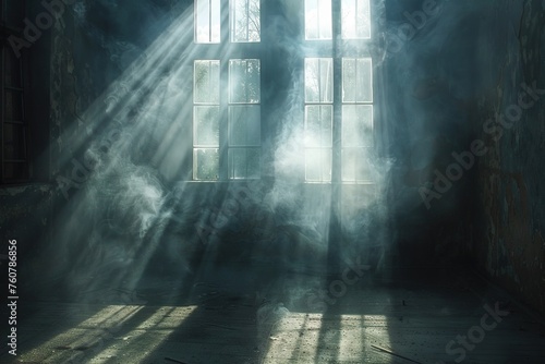 Abandoned shabby dark room full of smoke, with a large window and trees behind it, with rays of light