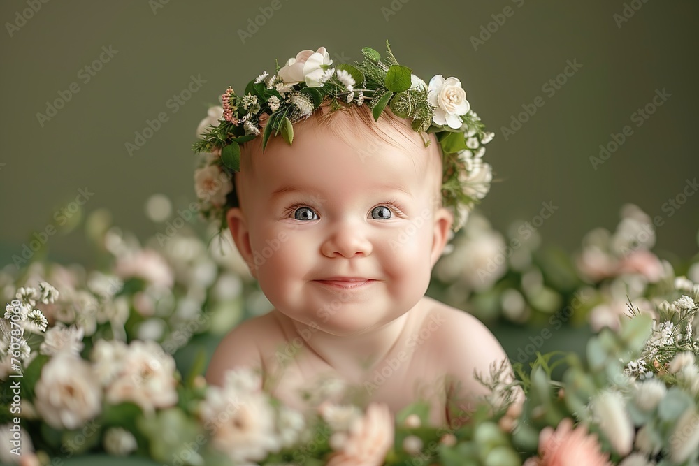 Beautiful little human baby with blue eyes and light hair and a white pink flowers wreath on head among blurred flowers on green grey background Beautiful little human baby with blue eyes and light hair and a white pink flowers wreath on head among blurred flowers on green grey background