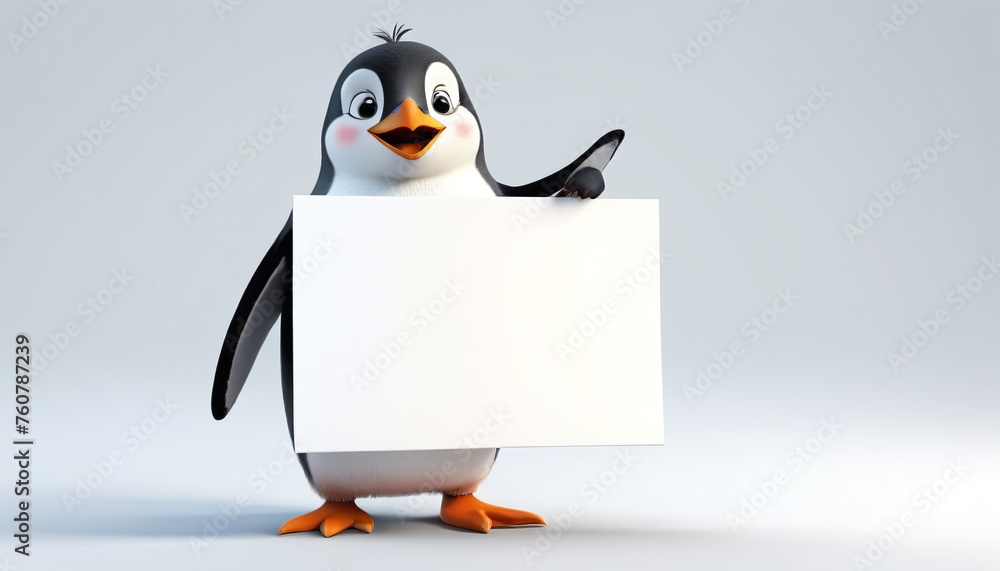 Naklejka premium Penguin with a white sign for text.