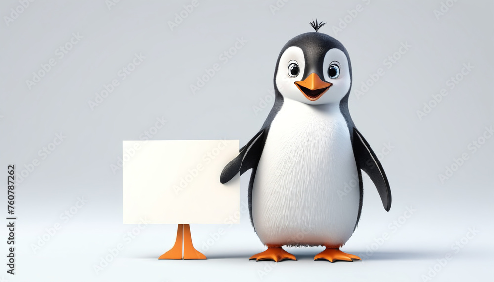 Naklejka premium Penguin with a white sign for text.