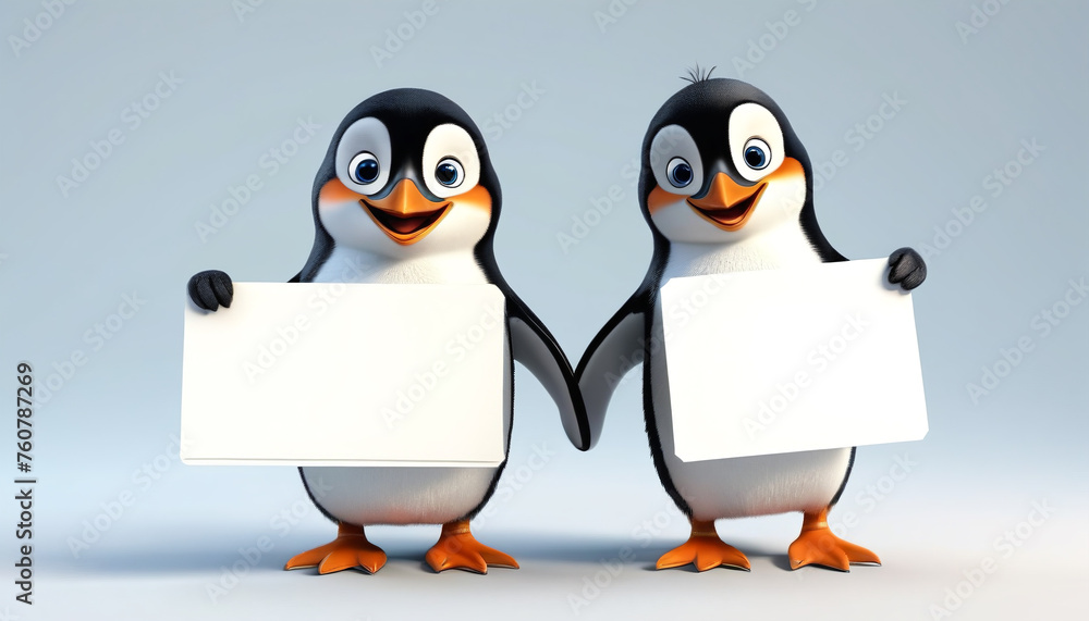 Obraz premium Penguin with a white sign for text.