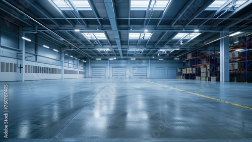 Modern empty logistic warehouse with LED lights - A contemporary, well-organized warehouse with advanced LED lighting, representing modern logistics and supply chain management