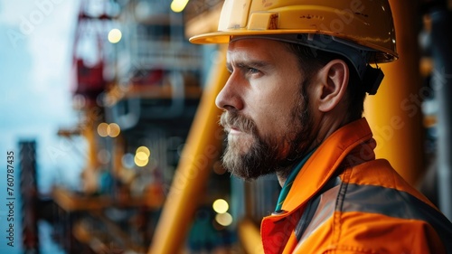 Side profile of an oil rig worker - Profile image of an oil worker on a rig with the ocean and machinery framing the individual, highlighting industrial operations