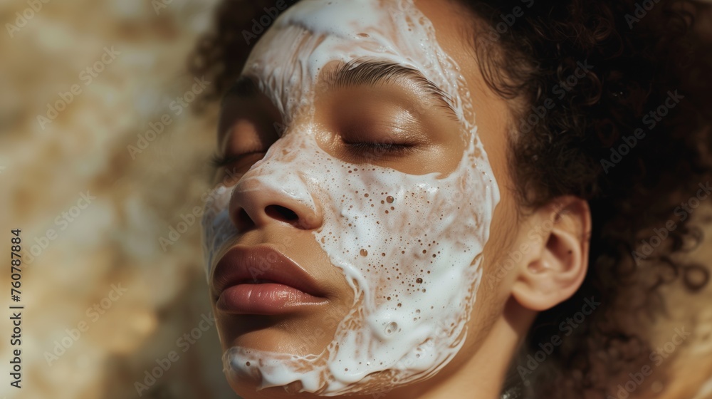 Fototapeta premium The face with a white facial mask covering half the skin. The model has natural makeup with closed eyes. Generated by artificial intelligence.