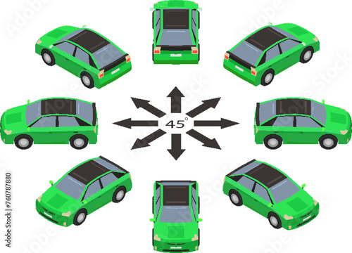 Rotation of pixel car by 45 degrees. The green car in pixel art style in different angles in isometric view.