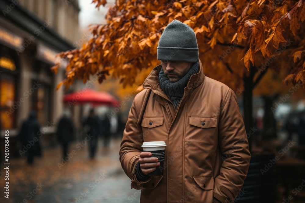 Thoughtful Man in Warm Jacket Holding Coffee on City Street in Autumn Thoughtful Man in Warm Jacket Holding Coffee on City Street in Autumn