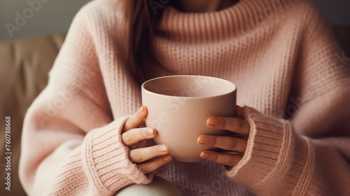 Cozy Moments: A girl in a Soft Pink Sweater Holding a Warm Cup of Beverage