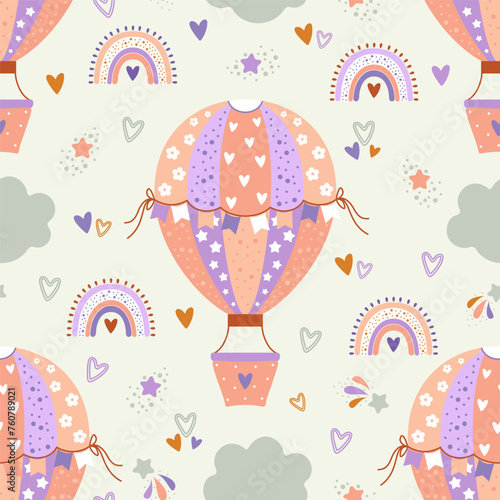 Seamless pattern with spring hot air balloons. Flowers, clouds, comets. Vector illustration.