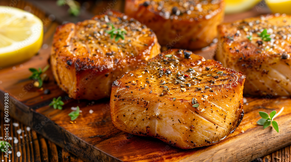 Grilled tuna steaks or slices served on a wooden plank with lemon and spices. Grilled tuna steaks or slices served on a wooden plank with lemon and spices.
