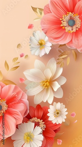 Vertical AI illustration floral arrangement with coral and white blossoms. Concept plants  flowers