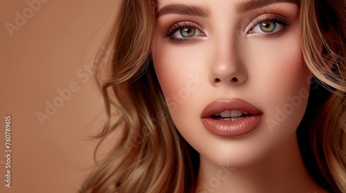 Beautiful woman's face, model appearance, professional makeup, advertising of decorative cosmetics, including lipstick, powder, eye shadow. Place for text. Advertising banner. Generated by artificial 