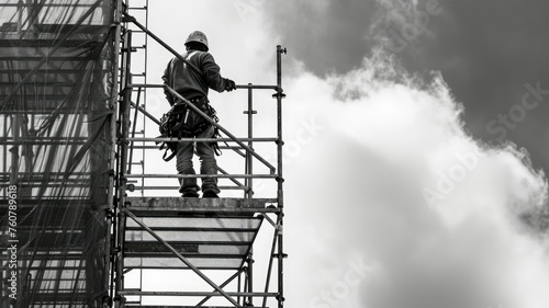 Man on scaffolding against sky with clouds - A construction worker is securing framework on scaffolding with a cloudy sky backdrop, showcasing themes of labor and architecture