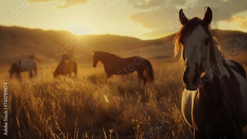 Horses grazing during golden sunset in field - A heartwarming scene of horses grazing peacefully in a field during a picturesque golden sunset