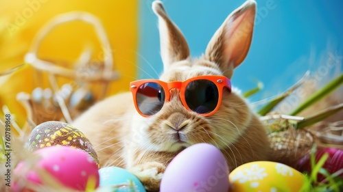 Easter bunny with orange sunglasses in nature - A charming bunny with orange sunglasses nestled among festive Easter eggs in a natural setting, symbolizing Easter joy