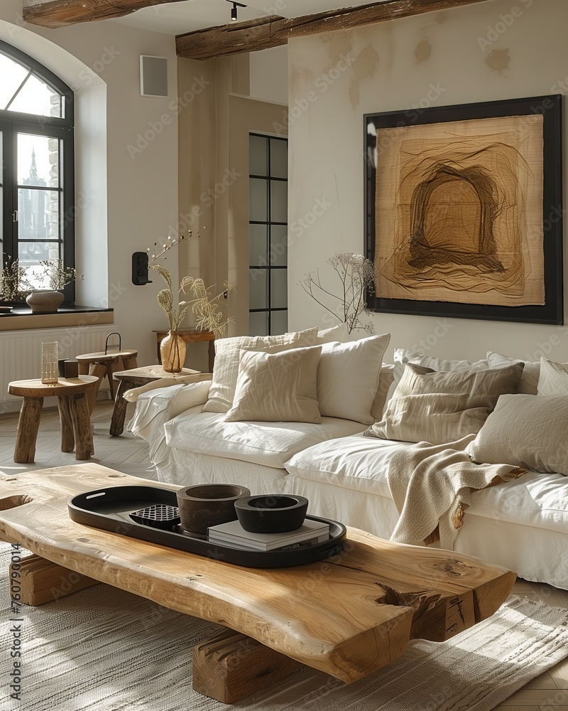 Fototapeta premium Building interior with comfortable couch, wooden coffee table, and cozy fixtures
