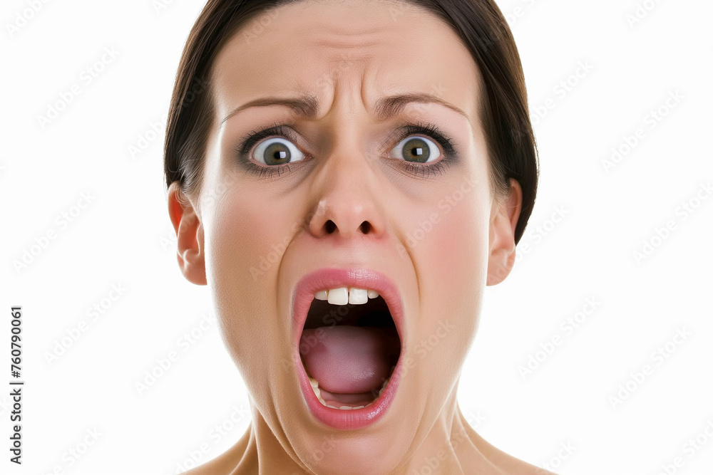 A woman with an open mouth and a scared expression on her face A woman with an open mouth and a scared expression on her face