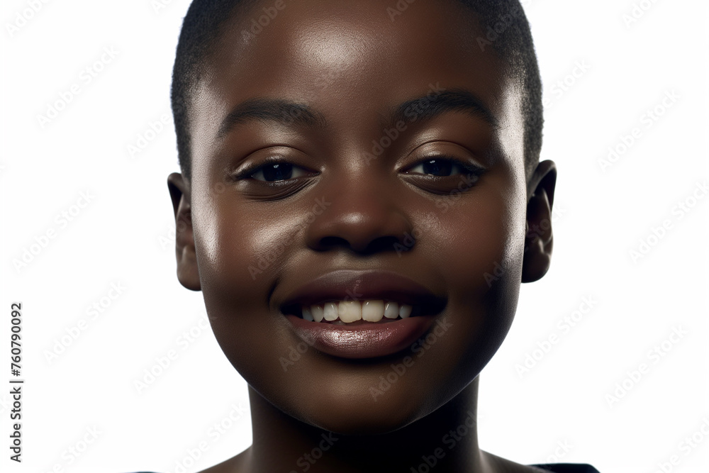Young African American woman with a wide smile, short hair on a white background. Close-up Young African American woman with a wide smile, short hair on a white background. Close-up