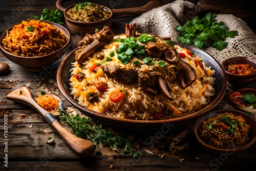 pices and textures in a side view of a meticulously prepared lamb biryani on a rustic wooden table of basmati rice, tender lamb, and aromatic herbs  photo