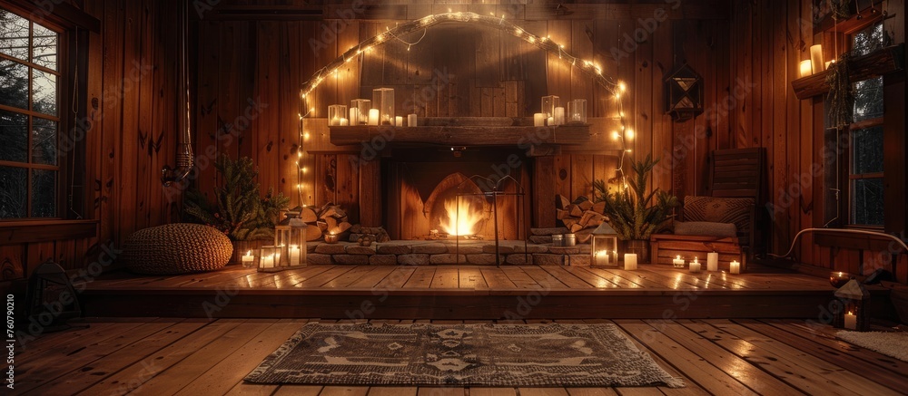 Rustic Cabin Interior Haven: Warm Wooden Sanctuary with Inviting Fireplace and Cozy Decor