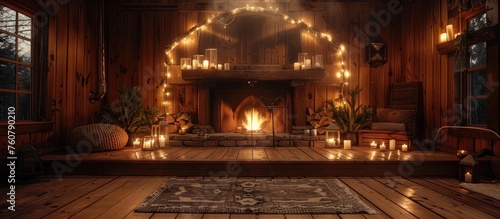 Rustic Cabin Interior Haven: Warm Wooden Sanctuary with Inviting Fireplace and Cozy Decor