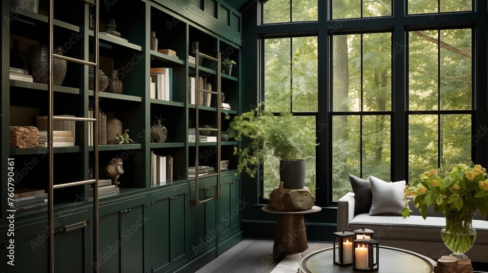 Sunroom combining deep emerald built-ins and matte black shelving. Sunroom combining deep emerald built-ins and matte black shelving.
