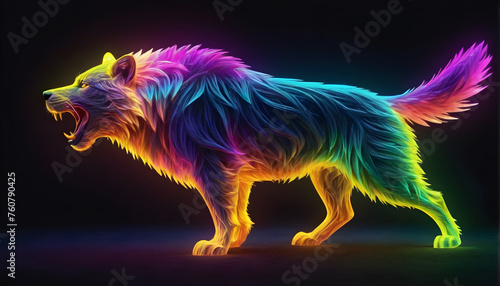 rowling Neon Abstract multicolored Wolf on a dark bokeh background