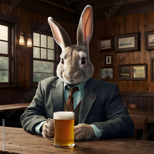 Rabbit sitting in an old bar, beer on table.