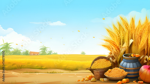 Happy Pongal Holiday of Tamil Nadu South India Natural landscape with a Golden ripe wheat field sky background