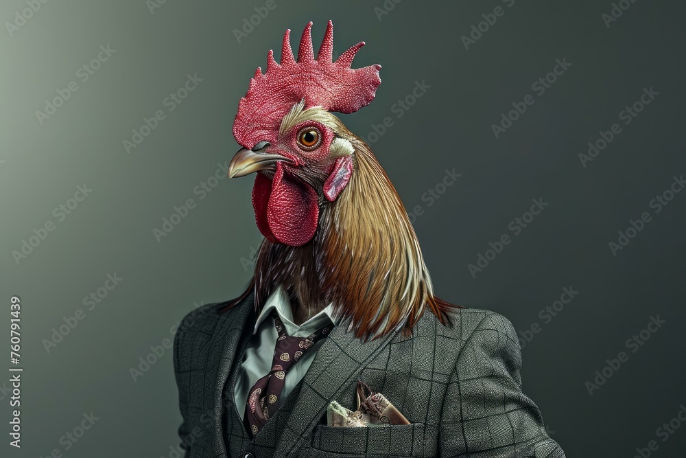 Dapper Anthropomorphic rooster in business suit. Chicken farm. Generate Ai