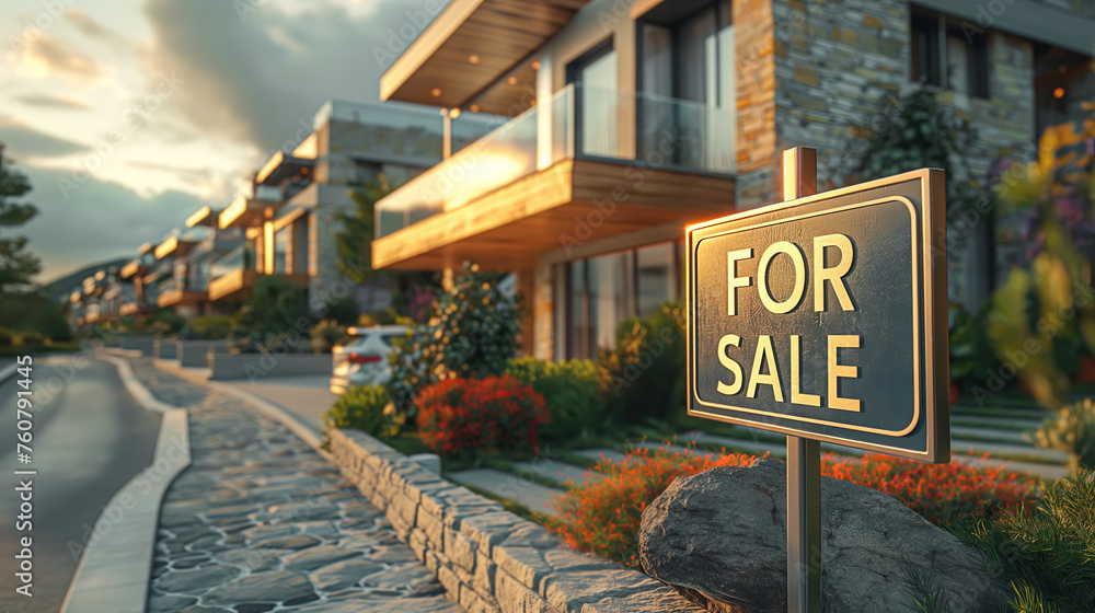 Obraz premium Modern Luxury Home For Sale. FOR SALE sign highlights row of upscale townhouses ready for new ownership