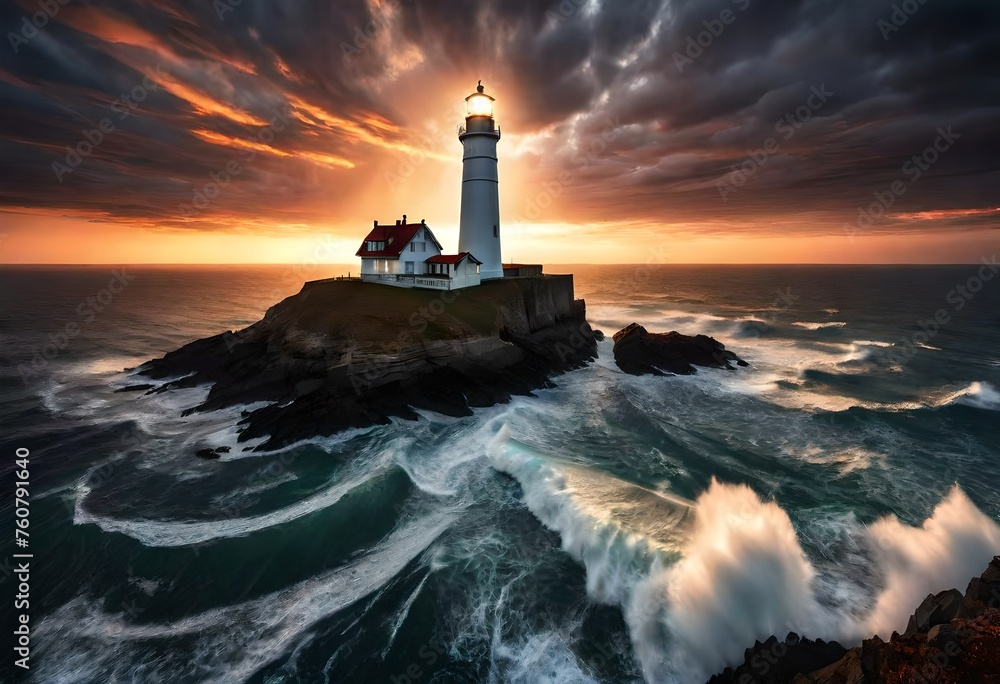 A majestic lighthouse standing tall against a dramatic sunset, its beacon casting a powerful light across the darkening sea, captured in stunning high-definition clarity.