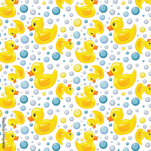 Modern abstract pattern with yellow rubber duck bubbles pattern. Cartoon flat vector illustration.  Seamless pattern. © Natali