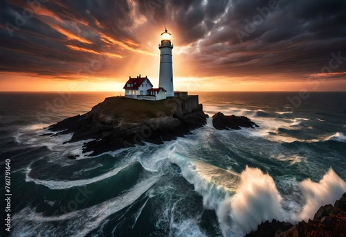 A majestic lighthouse standing tall against a dramatic sunset, its beacon casting a powerful light across the darkening sea, captured in stunning high-definition clarity. © Ghulam