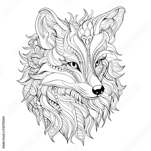 A black and white ink coloring page of a fox for adult. Coloring book for kids. A beautiful fox outline illustration for postcard, label, tattoo, woodcut, and your diy projects photo