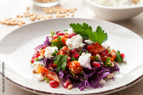  Vegan vegetarian salad with fresh vegetables and tofu photo